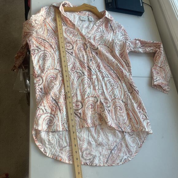 Rachel Zoe Linen Orange Paisley Blouse Tunic Size M V Neck European Flax Button - Picture 7 of 8